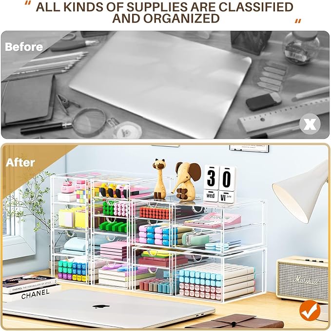 caktraie 4-Pack Acrylic 16-Drawer Storage & Makeup Organizer for Desk | Smooth-glide drawers, clear acrylic, stackable, dustproof, wipe clean, for office supplies, pens, jewelry, makeup - Image 5
