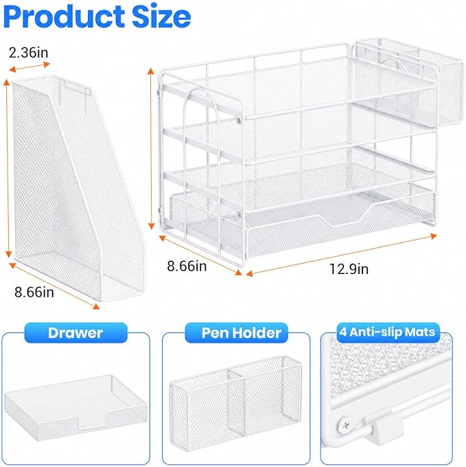 OPNICE Desk Organizers and Accessories, 4-Tier Desktop File Organizer with Drawer and Pen Holders, Office Desk Accessories Workspace Organizers for Office Supplies (White) - Image 4