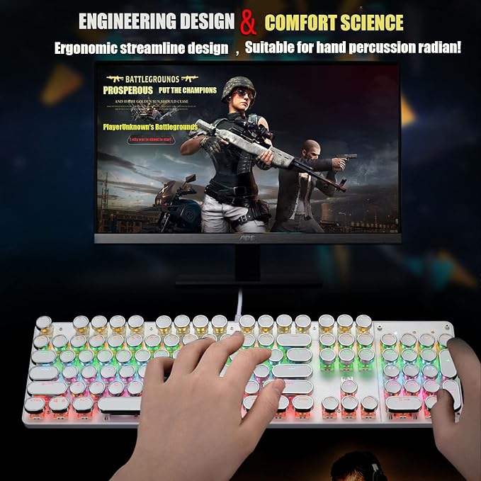 YSCP Typewriter Style Mechanical Gaming Keyboard Rainbow Backlit Wired with Blue Switch Retro Round Keycap 104 Keys Keyboard (L-White) - Image 6