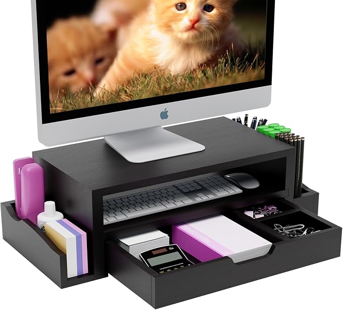Simple Trending Wood Monitor Stand Riser with Drawer and Pen Holder, Desk Organizer for Home Office, Black by SimpleTrending