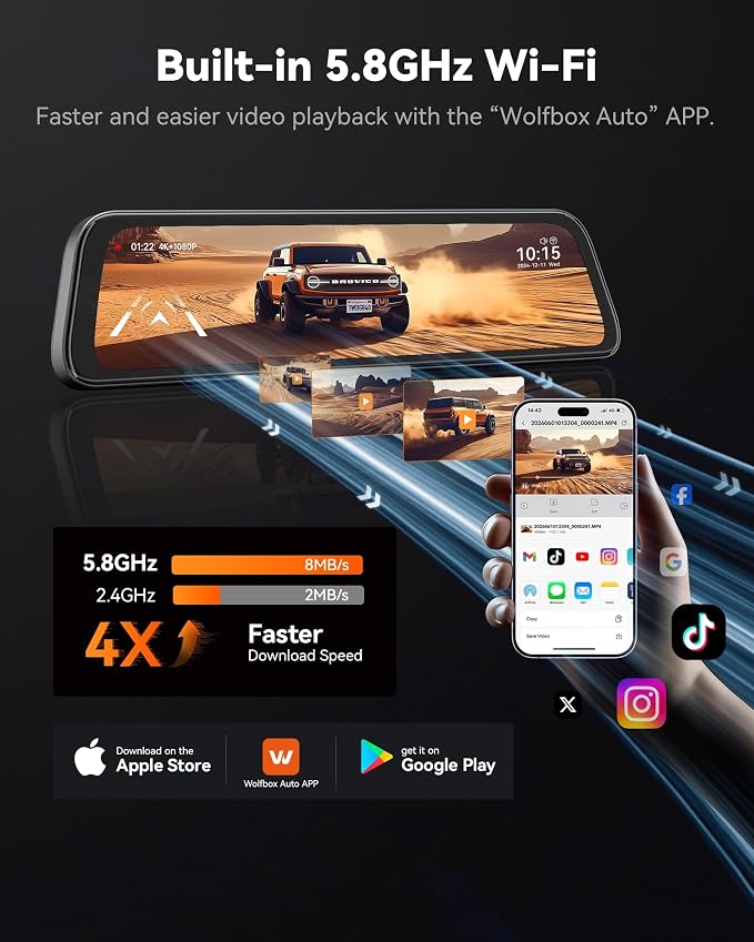 WOLFBOX G840S 12" 4K Mirror Dash Cam Backup Camera, 5.8GHz WiFi Smart Rearview Mirror for Cars & Trucks, Front and Rear View Dual Cameras, Night Vision, Parking Assistance, Included 32GB Card & GPS - Image 4