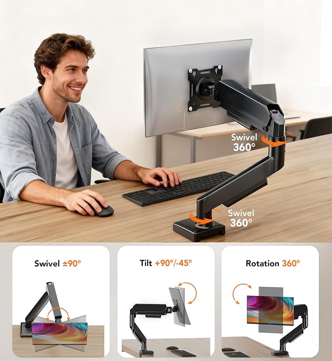 Single Monitor Mount, Gas Spring Arm for 17-32 inch Screens Adjustable Monitor Stand, Vesa Mount Stand with Clamp and Grommet Aluminum Base - Fits 4.4 to 22lbs LCD Computer Monitors HD09B-001 - Image 4