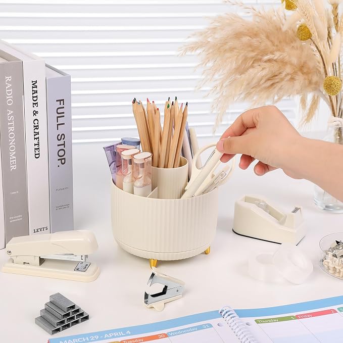 SKYDUE Desk Organizer Set with 360° Rotating Pen Holder | Includes Stapler, Scissors, Tape Dispenser, Clips, Pins & Accessories, For Home Office, School, Teacher - Image 9