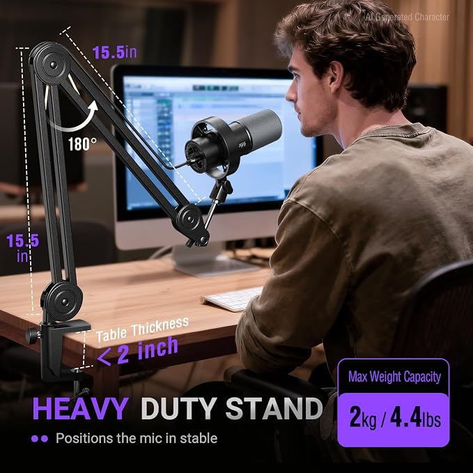 FIFINE AmpliTank K688T Dynamic Microphone Set, Podcast XLR/USB Mic | Studio Streaming Mic with Heavy Duty Boom Arm, Mute Tap, Headphone Jack, for Vocal Content Creation Recording, Metal Built - Image 7