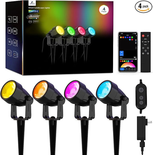 APPECK Landscape Lighting, RGBW Spotlights with APP Control,4 Pack | Color Changing Low Voltage ,IP65 Waterproof Outdoor Landscape Lights for Garden Yard Outside Decoration by APPECK