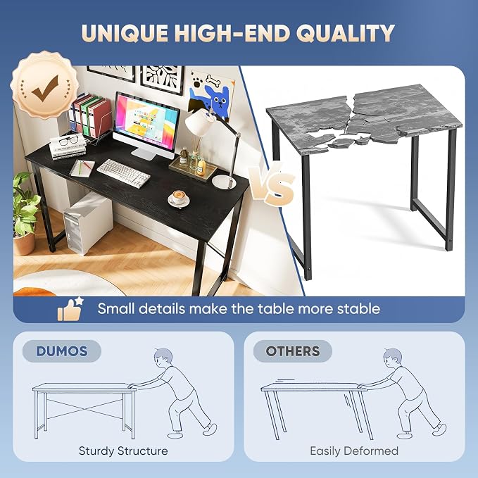 DUMOS 47 Inch Small Computer Desk, Gaming Desks for Home Office Bedroom | Modern Study Writing Work Table, Craft PC Desk Simple Workstation with Reinforcement Structure, Black - Image 5