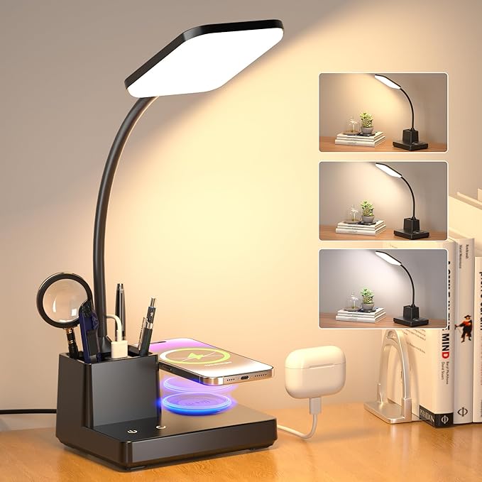Wireless Charging Desk Lamp USB Charging & Pen Holder, Matte Black | CRI 95, 800LM, Stepless Dimming, 3 Modes, 360°Flexible Arm, Touch, Study Table Lamp for Home Office, Dorm Room, with Adapter by Sailstar