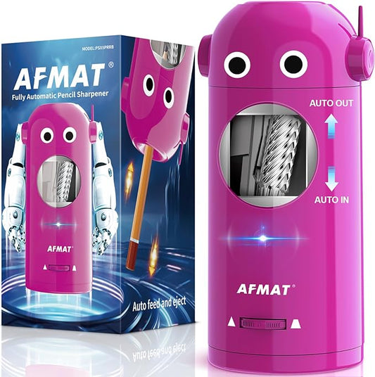 AFMAT Electric Pencil Sharpener for Colored Pencils 7-11.5mm, Fully Automatic Robot Pencil Sharpener, Auto in & Out, Rechargeable Hands-Free for Classroom/Home/Office, Battery Operated, PSX5RB, Pink by AFMAT