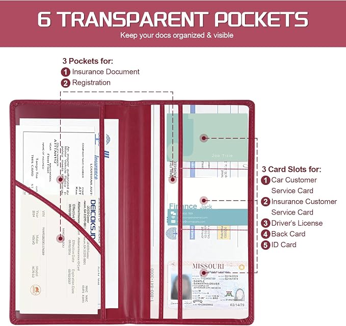 JUSTTOP 2Pack Car Registration and Insurance Holder,Car Document Holder for Cards License with Magnetic Shut,Vehicle Glove Box Car Organizer for Documents, Cards, License(Rose red) - Image 5