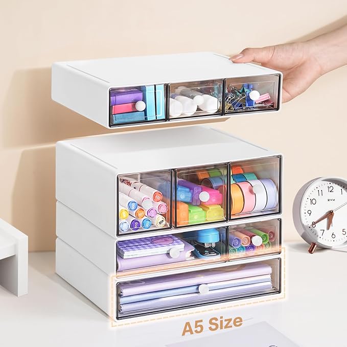 Desk Storage Organizer with 9 Drawers, 4 Tiers Stackable Desktop Craft Storage Drawers, Clear Storage Box Caddy for Stationary Makeup Jewelry Office Craft Supplies (White) - Image 2