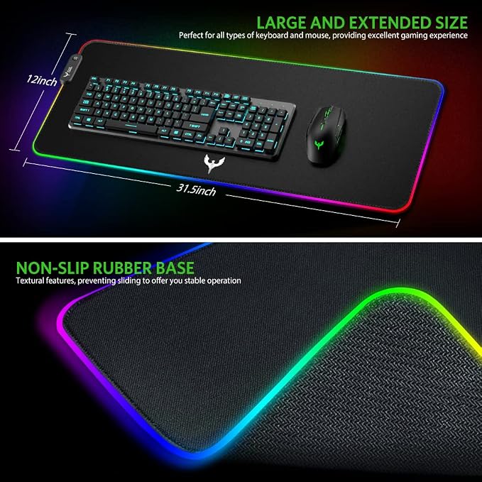 BladeHawks RGB Gaming Mouse Pad Extra Large Extended 31.5x12 Inch-Black | LED mouse pad with 14 lighting modes, covers keyboard & mouse, anti-slip rubber base, waterproof surface, USB powered - Image 5