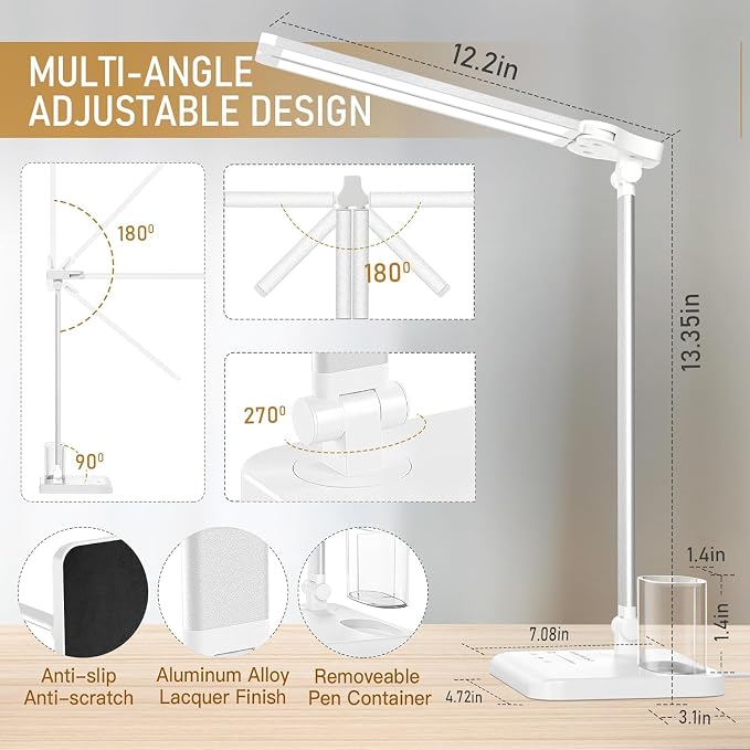 LED Desk Lamp for Home Office Desk Light Table Lamp 50 Lighting Modes Timer | Eye-Caring Desk Lamp with USB Adapter, Foldable Dual Swing Arm Architect for Reading, Study, Workbench - Image 4