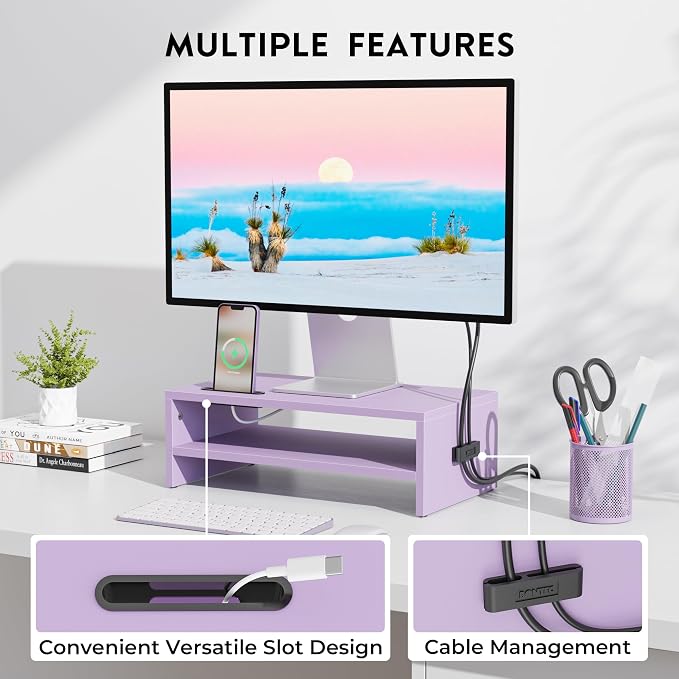 BONTEC Wooden Monitor Stand Riser, 2-Tier Desk Shelf with Storage Organizer, Ergonomic Computer Stand with Cable Management, Cellphone Holder, Purple, 16.5 Inch - Image 2