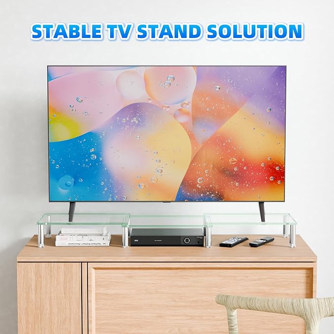 Simple Trending Glass Dual Monitor Stand, Adjustable Length/Height, Clear | 41.5"L x 9.5"W x 5"H, height 3.5"-5", length 28.37"-41.5". Hold 260 lbs. Stainless steel feet. Tempered glass. Easy assembly - Image 5
