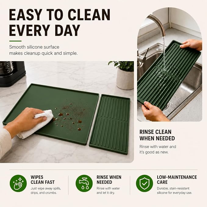 Silicone Coffee Mat 24 x 16 in with Tray, Deep Forest Green | Coffee bar mat for countertop use, coffee station mat or coffee machine mat with removable tray and 0.47 in raised rim. - Image 8