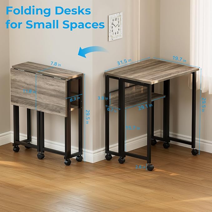 GreenForest Folding Desk with Wheels, 31.5" Rolling Table for Small Spaces | Storage Shelf, Lockable Casters, Compact Portable Workstation, Space-Saving Foldable Sofa Table, Home Office, Mobile, Grey - Image 3