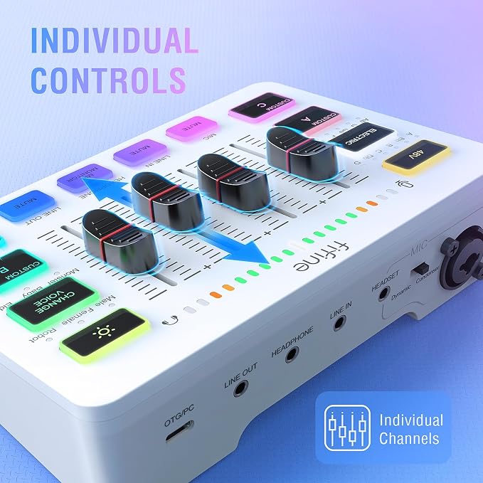 FIFINE Audio Mixer, Gaming Streaming PC Mixer with Slider Fader, XLR Microphone Interface, Monitoring, for Video/Game Voice/Podcast Recording-AmpliGame SC3W | USB PnP For PC,Mute Button,XLR Preamp,RGB,Voice change,48V Phantom Power,Monitoring,Podcast,R... - Image 3