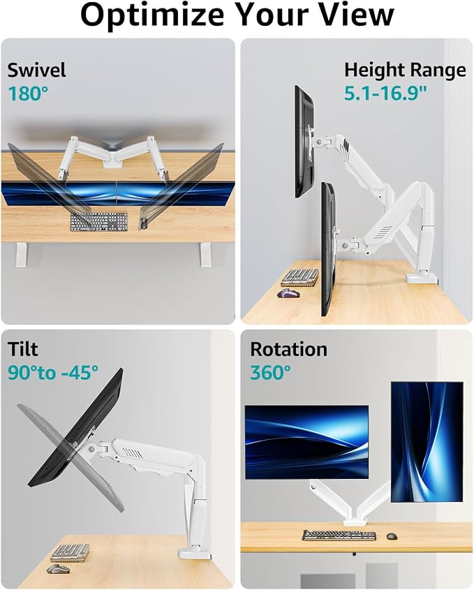 Dual Monitor Arm Desk Mount Fits 13 to 32 inch Computer Screens, Holds 4.4 to 19.8lbs Display VESA Mount, Adjustable Double Monitor Stand with Clamp/Grommet Base, 75/100mm Bracket, White, Freelift - Image 4