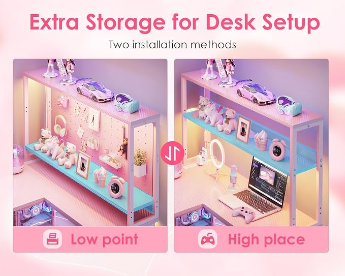 AODK L Shaped Desk Gaming Desk with LED Light & Power Outlet | 53 Inch Pink Reversible L Shaped Computer Table with Shelf & Storage Bag & Hook for Home Office - Image 4