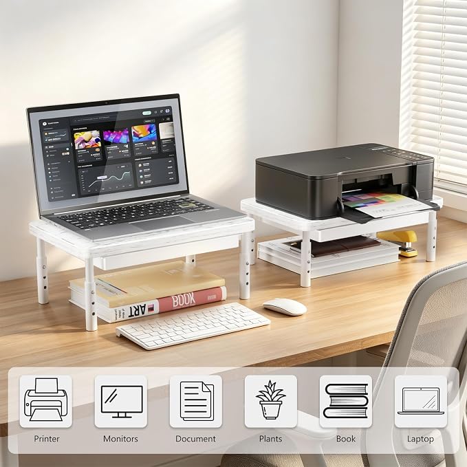 WALI Computer Monitor Stand with Storage, Desk Monitor Riser 3 Height Adjustable, Laptop Riser with Airflow Vents, Desk Organizer for Computer, Laptop, Printer (PTT002-M), 1 Pack, Marble - Image 9