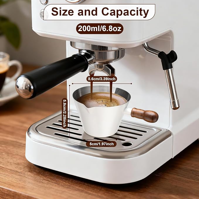 Amrules Espresso Cup, 6.8 oz/200 ml Stainless Steel Coffee Shot Measuring Cup with Wood Handle, Double V-Shaped Mouth and Clear Scale for Cappuccino Barista Coffee Bar Accessories, White - Image 2