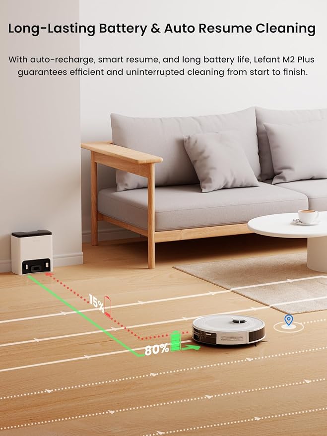 Lefant Robot Vacuum and Mop,75-Day Self-Emptying,6000Pa Powerful Suction,Customized Cleaning,Home Mapping, 140 Min Runtime, Roller Brush for Carpet,2.4G/5G WiFi/Alexa/APP/iWatch,M2 Plus - Image 7