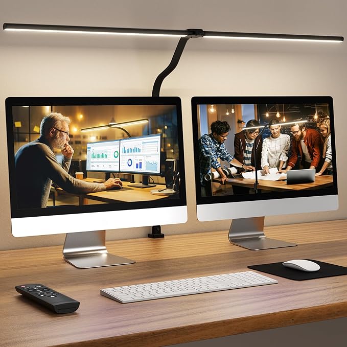 LED Desk Lamp for Home Office, 24W Computer Desk Light with Remote Control, Bright Table Lamp with Clamp Dimmable Tall Desktop Lighting with Bendable Gooseneck, Double Head, Black by APMIEK