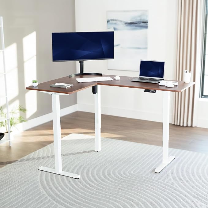 VIVO Dark Walnut 63 x 47 in Corner Standing Desk, DESK-E3CTWD-47 | Electric, Reversible L-Shaped Table, Sit Stand, Height Adjustable, Memory Controller, Office Furniture Sets, White Frame - Image 2