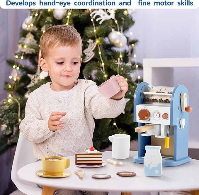 GAGAKU Wooden Coffee Machine Toy with Grinder，15 pcs Wood Play Kitchen Accessories for Kids Non-Toxic Pretend Play Barista Set Learning Gift for Toddlers Girls Boys Ages 3+ - Image 6
