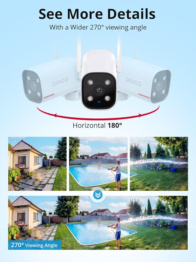 DEKCO 4 Pack Wired Home Camera Outdoor with 2K Color Night Vision, Pan Rotating 180° Security Cameras Support 24/7 Recording, 2.4GHz WiFi, AI Human Auto Tracking, Work with Alexa/Google Assistant - Image 2