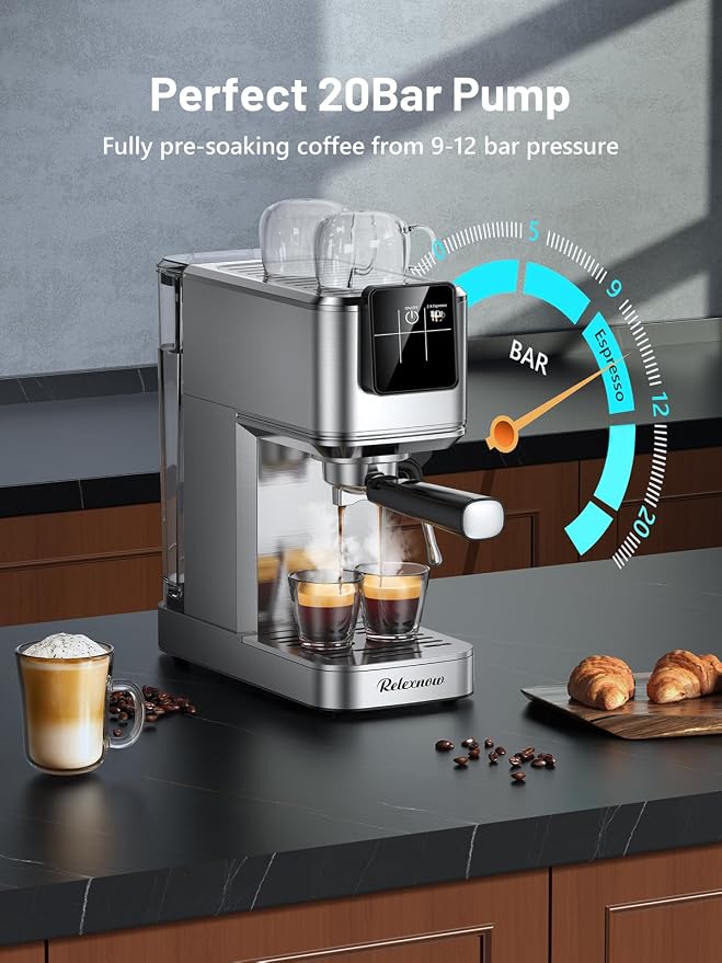 RELEXNOW Espresso Machine, 20 Bar Espresso Maker Milk Frother & LCD Panel, Hot & Iced Coffee Machine, Stainless Steel Espresso Coffee Machine with 41oz Water Tank for Cappuccino, Latte - Image 2
