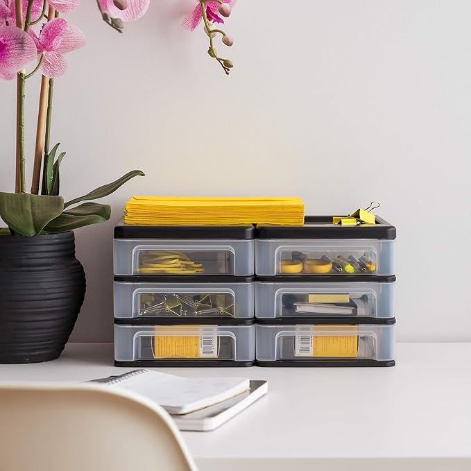 IRIS USA 2-Pack, 3-Drawer Small Plastic Stacking Desktop Organizer, Black | Organize office supplies, stationery, makeup, craft materials and everyday essentials for neat desktop storage - Image 6