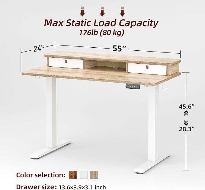 TIQLAB Standing Desk with Two Drawers, Stand Up Standing Desk Adjustable Height, Electric Sit Stand Table with Storage Shelf and Splice Board, 55 * 24 inch, Maple - Image 3