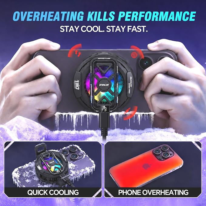 USB Phone Cooler, Semiconductor Cooling Fan for Phone, Magnetic & Clip-On, Large Cooling Plate, 3 Gears Fan Adjustable, RGB Light Switchable, Universal Fit for iPhone Android - Black - Image 4