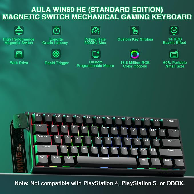 Aula WIN60 HE - 60% Mechanical Gaming Keyboard Wired, Magnetic Switch Hot Swappable, Adjustable Actuation Rapid Trigger Mode, 8000 Hz Polling Rate, RGB Small Keyboard 60 Percent Compact Design for PC - Image 2