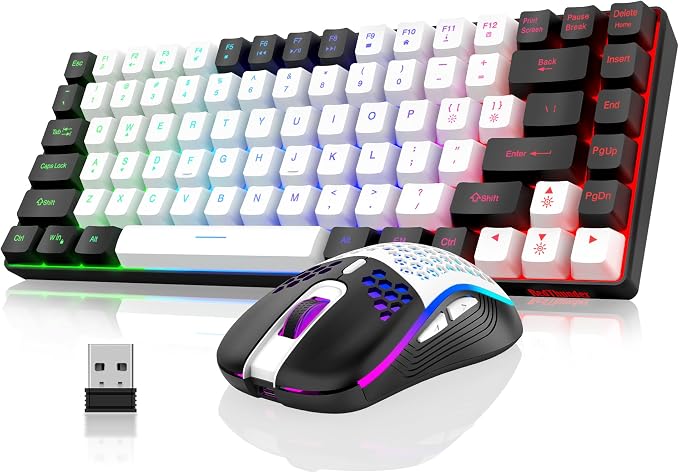RedThunder K84 Wireless Keyboard and Mouse Combo, LED Rainbow Backlit Rechargeable Battery, 75% Layout TKL Ultra Compact Gaming Keyboard & Lightweight 3200 DPI Honeycomb Optical Mouse (White-Black) by RedThunder