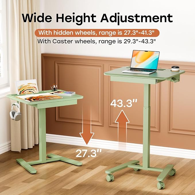 Small Mobile Standing Desk with Drawer, 23.6" x 19.7" Top | Height Adjustable Portable Laptop Desk with Wheels & Cup Holder, Sit Stand Computer Workstation for Compact Space, Sage Green - Image 4