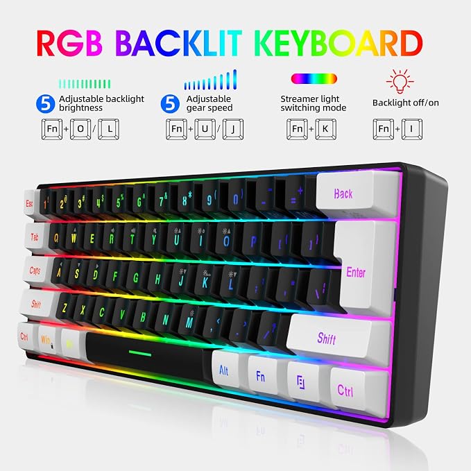 Snpurdiri 60% Wired Gaming Keyboard, Small RGB Backlit Membrane Gaming Keyboard, Ultra-Compact Mini Waterproof Keyboard for PC Computer Gamer White and Black | Backlit Small Membrane Gaming Keyboard for PC Computer Gamer - Image 3