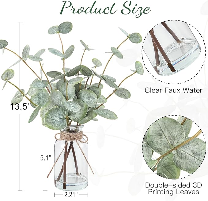 Bessol Artificial Eucalyptus Stems in Glass Vase with Faux Water, 13.5" Fake Plants for Home Decor, Coffee Table Centerpieces, Office, Bathroom & Farmhouse Weddings - Faux Greenery Plants Decorations - Image 3