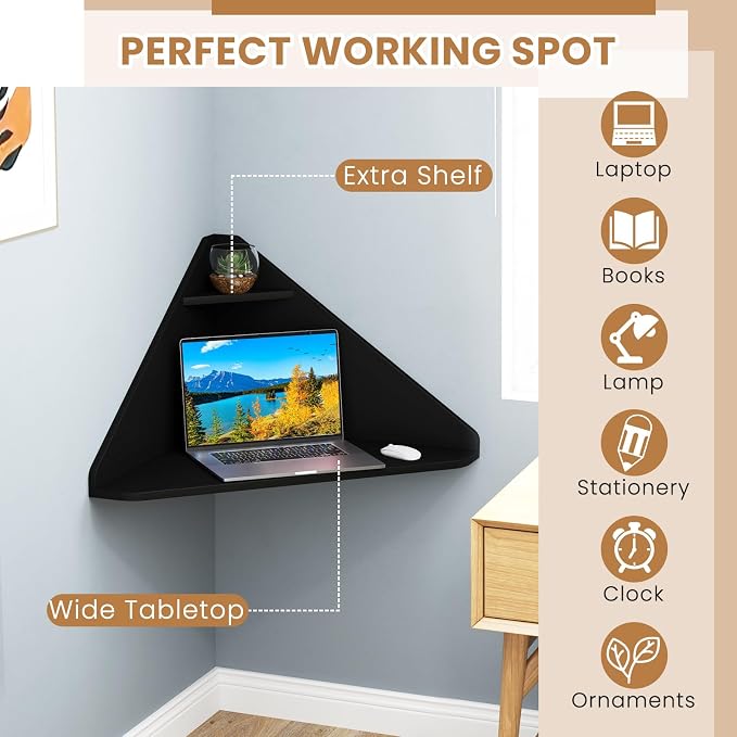 Giantex Corner Floating Desk, Wall Mounted Computer Desk with Storage Shelf, Space-Saving Writing Desk, Triangle Laptop Desk for Living Room, Study, Bedroom, Home Office & Small Spaces (Black) - Image 4