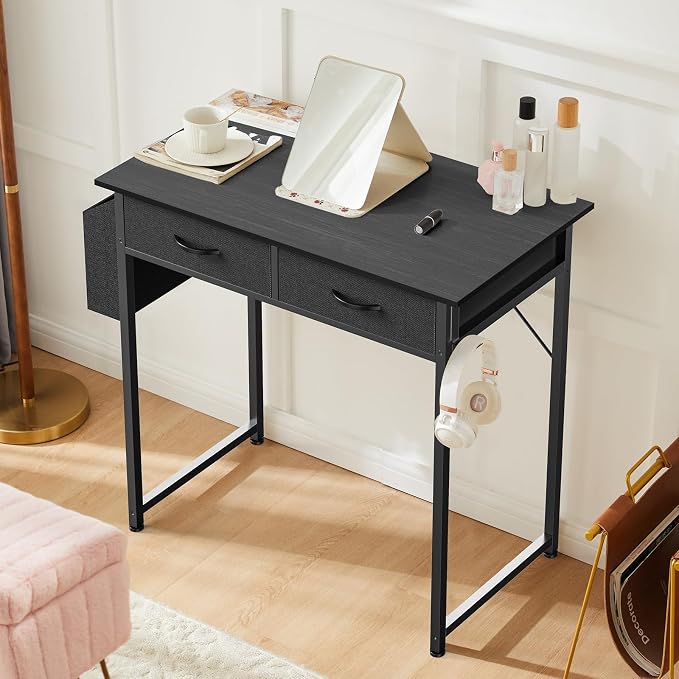 OLIXIS 32 Inch Small Desk, Computer Desk, Home Office | Fabric Drawers, Side Bag, Headphone Hook, Writing Study Work Table, Bedroom, Sleek Black - Image 2