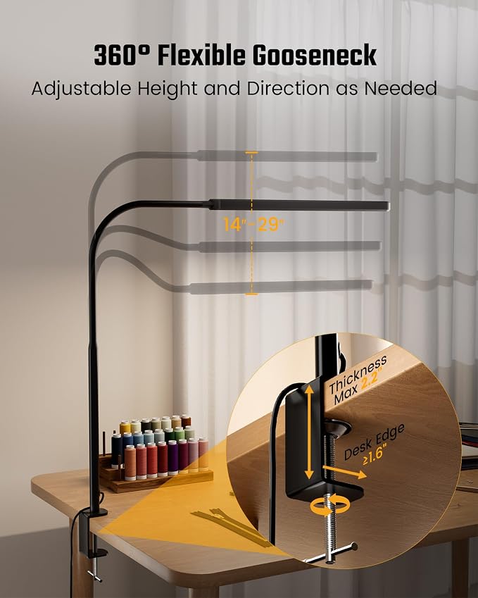 SUPERDANNY Eye-Caring LED Desk Lamp 360° Flexible Gooseneck Work Lamp with Desk Side Clamp Touch Control 3 Light Colors Smooth Dimming Task Lighting Reading Light for Home Office College Dorm, Black - Image 7