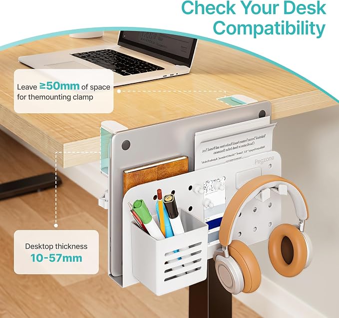 PEGZONE Desk Side Storage Organizer, Fits Flat Edge 0.4" to 2.2", White | No Drill Under Desk Laptop Holder, Clamp on Desks Shelf with Pegboard Accessories, Hanging Laptop Mount - Image 2