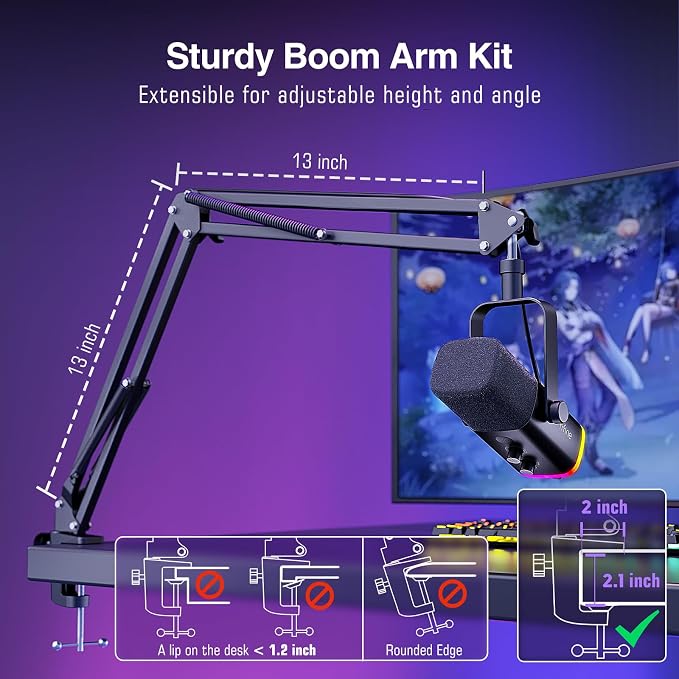 FIFINE AmpliGame AM8T XLR/USB Gaming Microphone Set, Dynamic PC Mic | Streaming RGB Mic Kit with Boom Arm Stand, Mute Button, Headphones Jack, for Podcasting Recording Vocal Voice-Over - Image 6