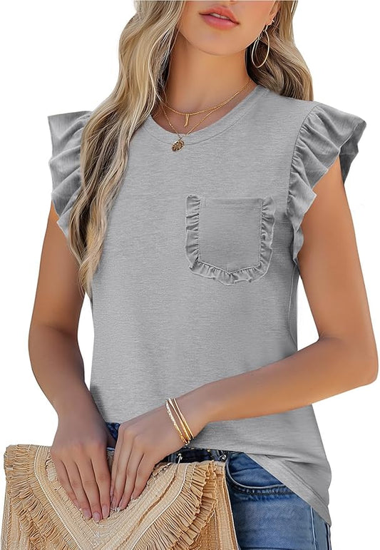 JUSTFASHIONNOW Womens Summer Tops Striped T-Shirts 2026 Ruffle Short Sleeve Crew Neck Casual Blouses with Pocket by Justfashionnow