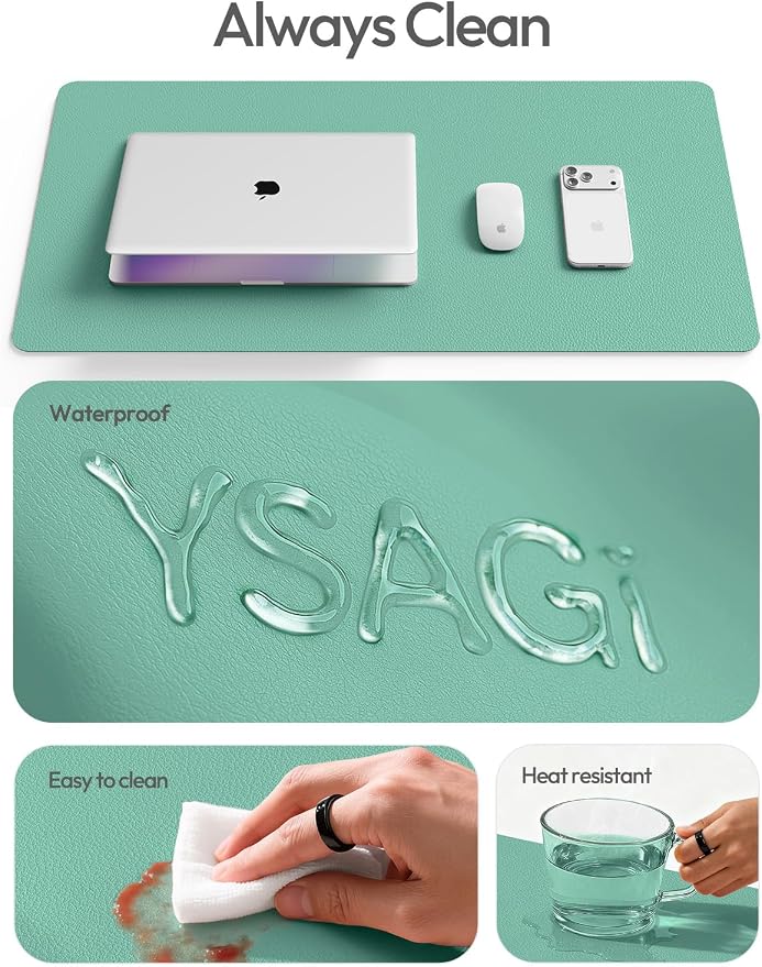 YSAGi Leather Desk Protector, Office Mat, Large Mouse Mat, Non-Slip PU Leather Blotter, Laptop Desk, Waterproof Writing Pad for Office and Home (Green-Blue, 35.4" x 17") - Image 7