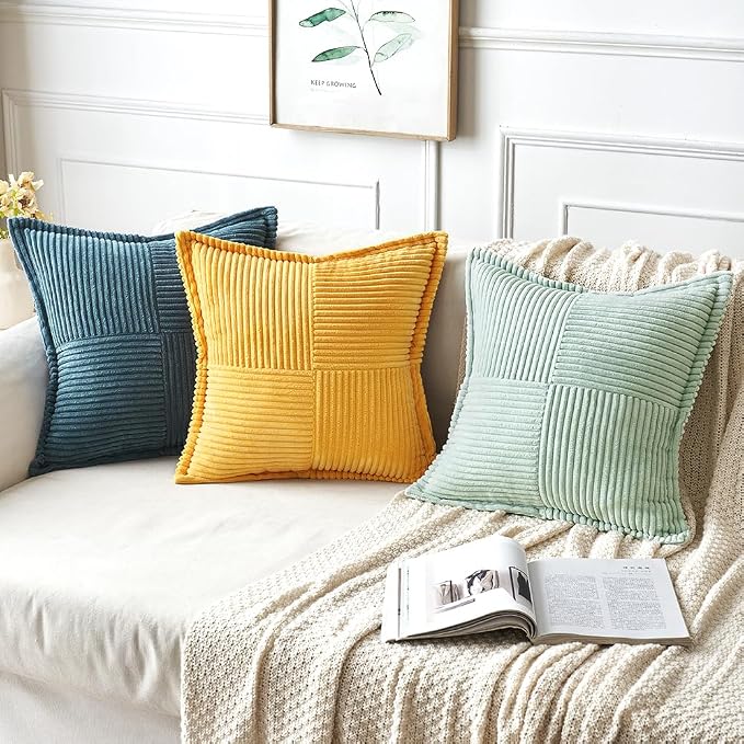 MIULEE Golden Yellow Corduroy Pillow Covers 20x20 Inch with Splicing Set of 2 Soft Boho Striped Pillow Covers Broadside Decorative Textured Summer Pillowcases for Couch Cushion Bed Livingroom - Image 5