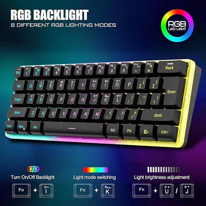 RedThunder 60% Wireless Gaming Keyboard and Mouse Combo, 2500mAh Rechargeable Battery, Ultra-Compact Small RGB Mechanical Feel Keyboard, Lightweight Honeycomb Optical Mouse for Gaming/Business, Black - Image 2