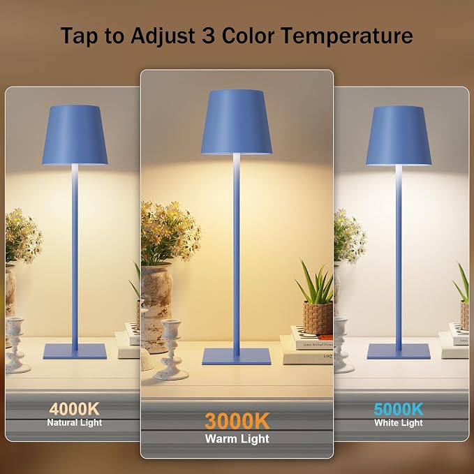Kakanuo Navy Blue Rechargeable Table Lamp, 2 Pack Cordless Desk Lamp with 5000mAh Battery, Touch Control Stepless Dimming, Wireless Night Light for Dining, Outdoor Camping, Coffee Shop - Image 2