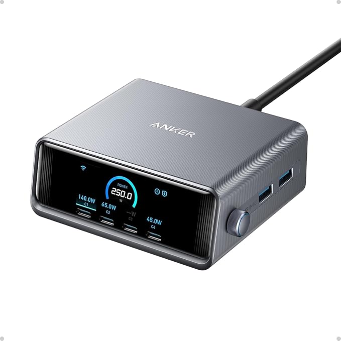 Anker Prime Charging Station, 250W 6-Port GaN USB C Charger, 2.26" LCD Smart Display Control, Compatible with iPhone, Galaxy, MacBook, Dell for Home Office, Gaming Desk Accessories by Unknown